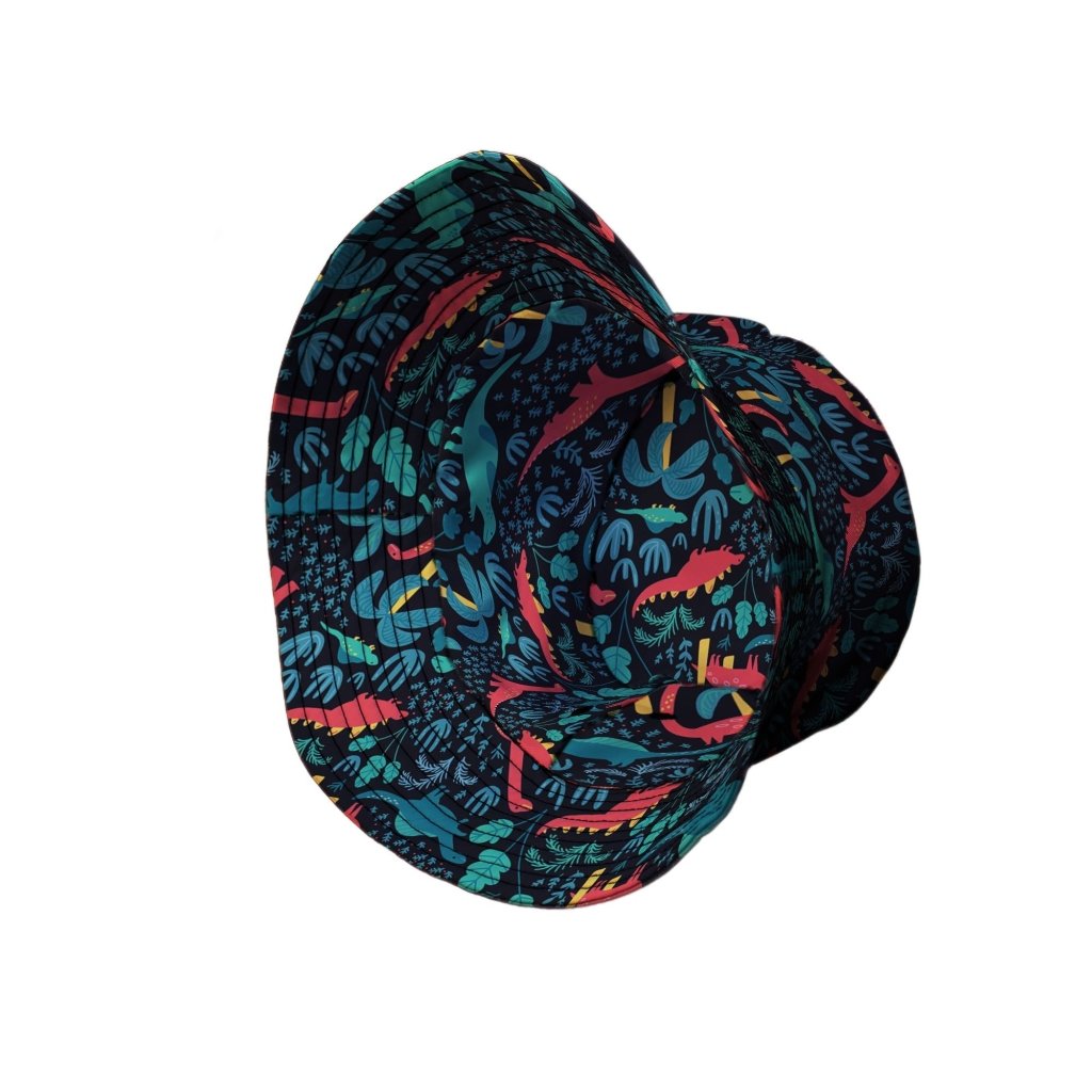 Tropical Dinosaur Green Aloha Hawaiian Bucket Hat - M - Black Stitching - -