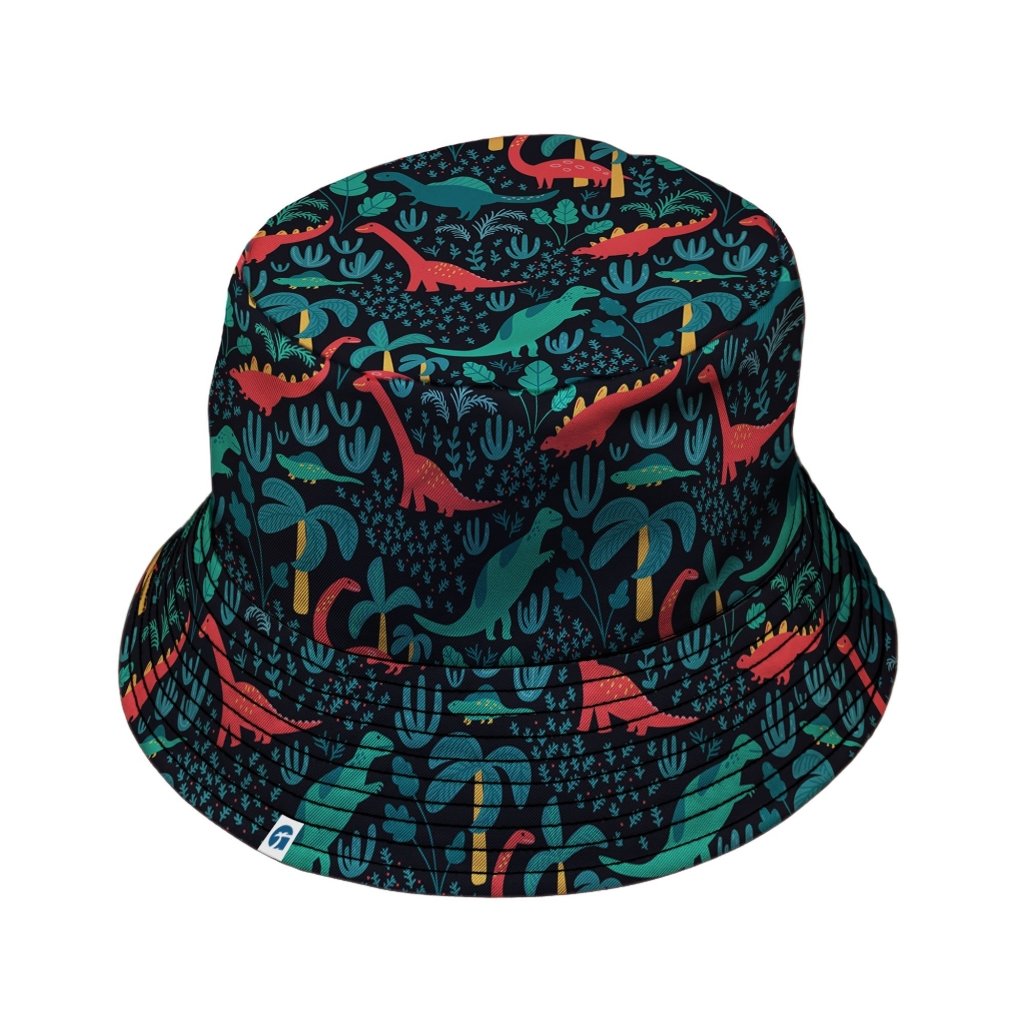 Tropical Dinosaur Green Aloha Hawaiian Bucket Hat - M - Grey Stitching - -