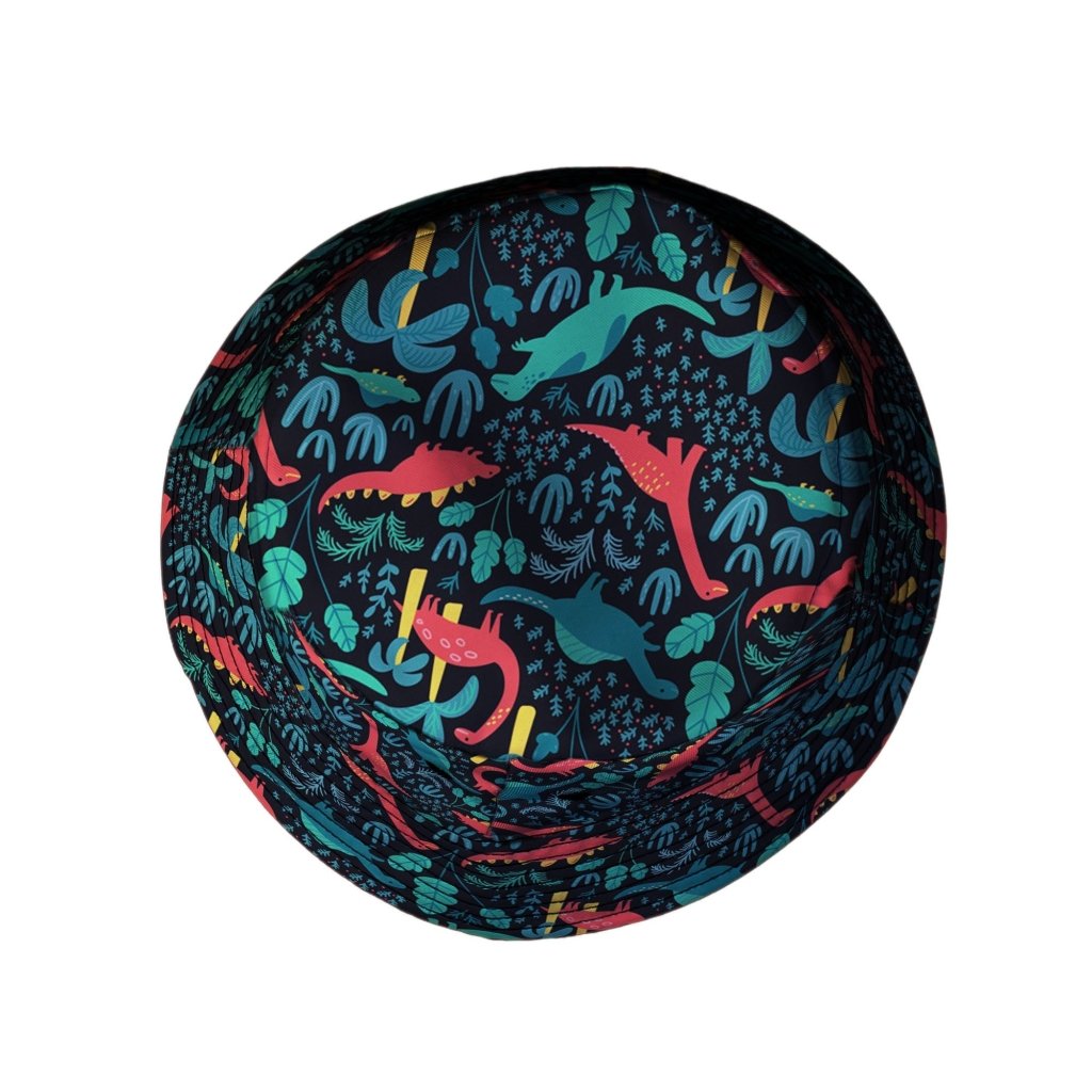 Tropical Dinosaur Green Aloha Hawaiian Bucket Hat - M - Black Stitching - -