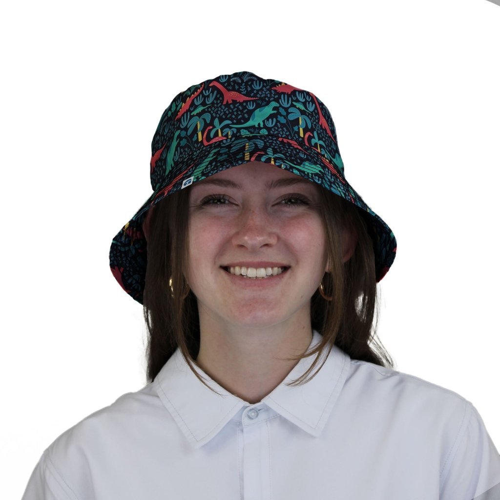 Tropical Dinosaur Green Aloha Hawaiian Bucket Hat - M - Black Stitching - -