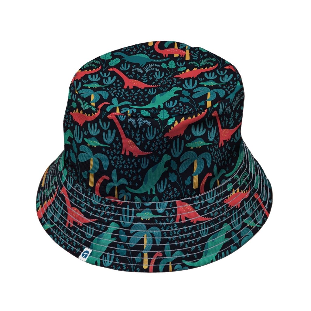 Tropical Dinosaur Green Aloha Hawaiian Bucket Hat - M - Black Stitching - -