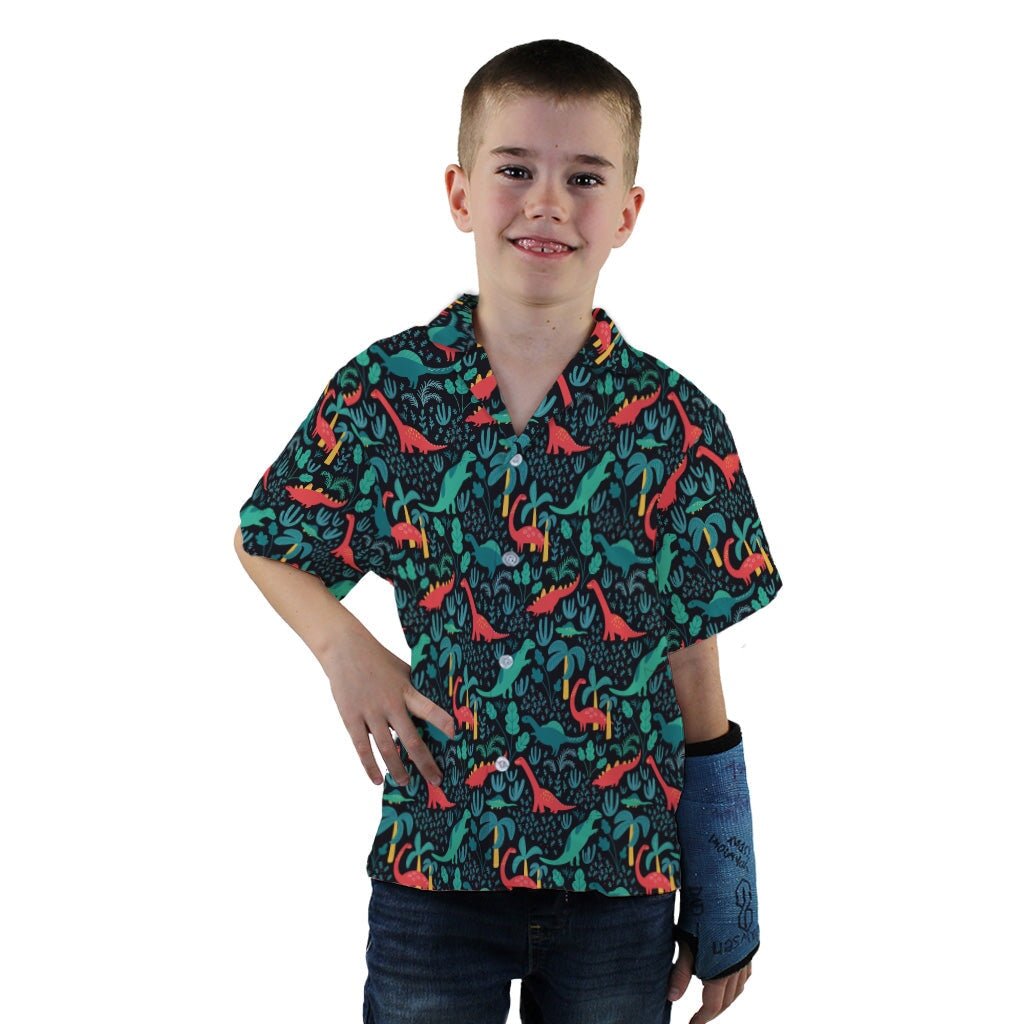 Tropical Dinosaur Green Aloha Youth Hawaiian Shirt - YXS - -