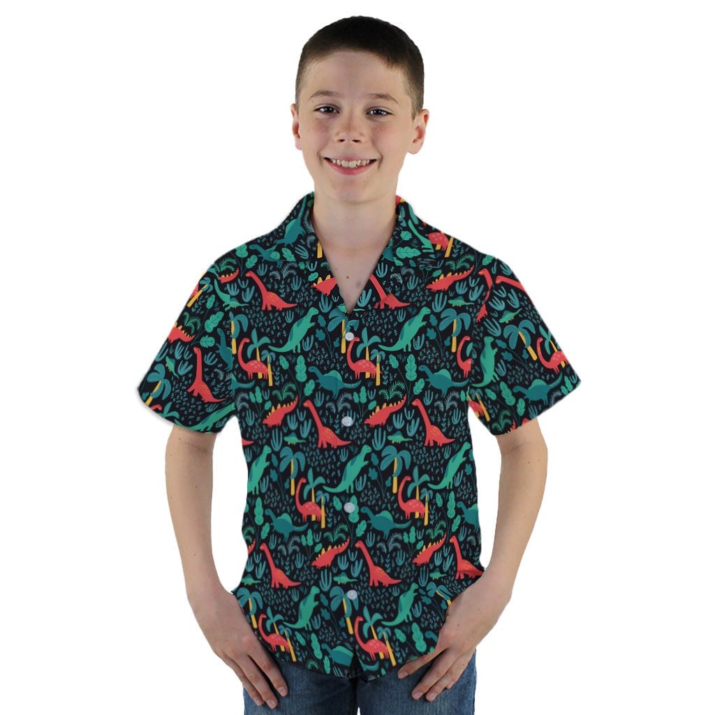 Tropical Dinosaur Green Aloha Youth Hawaiian Shirt - YM - -