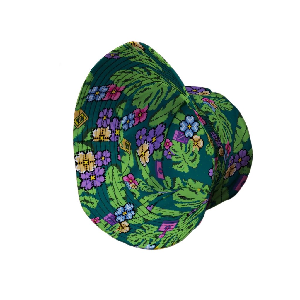 Tropical Video Game Pixels Bucket Hat - M - Grey Stitching - -