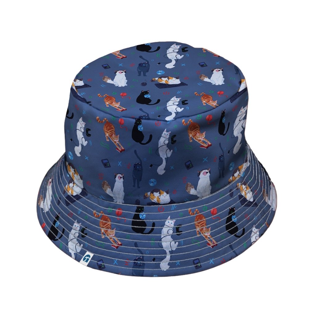 Video Game Cats Light Bucket Hat - M - Black Stitching - -