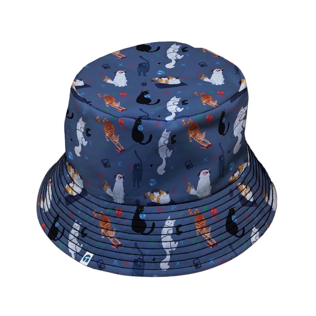 Video Game Cats Light Bucket Hat - M - Grey Stitching - -