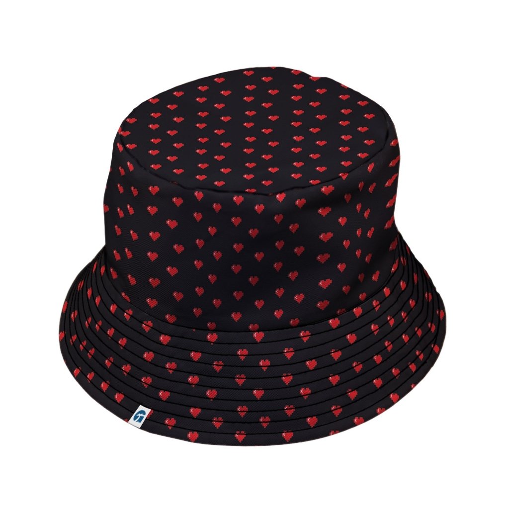 Video Game Hearts Black Bucket Hat - M - Grey Stitching - -