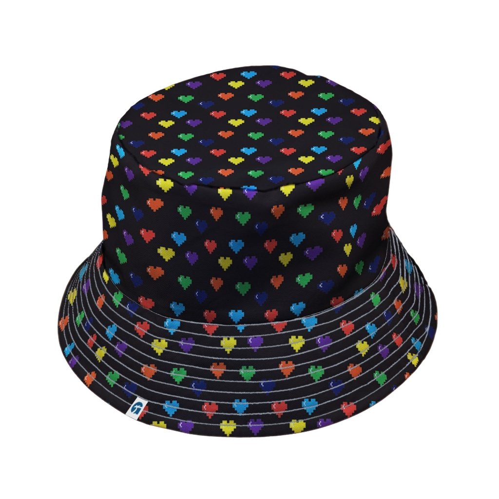 Video Game LGBTQ+ Pride Hearts Bucket Hat - M - Black Stitching - -