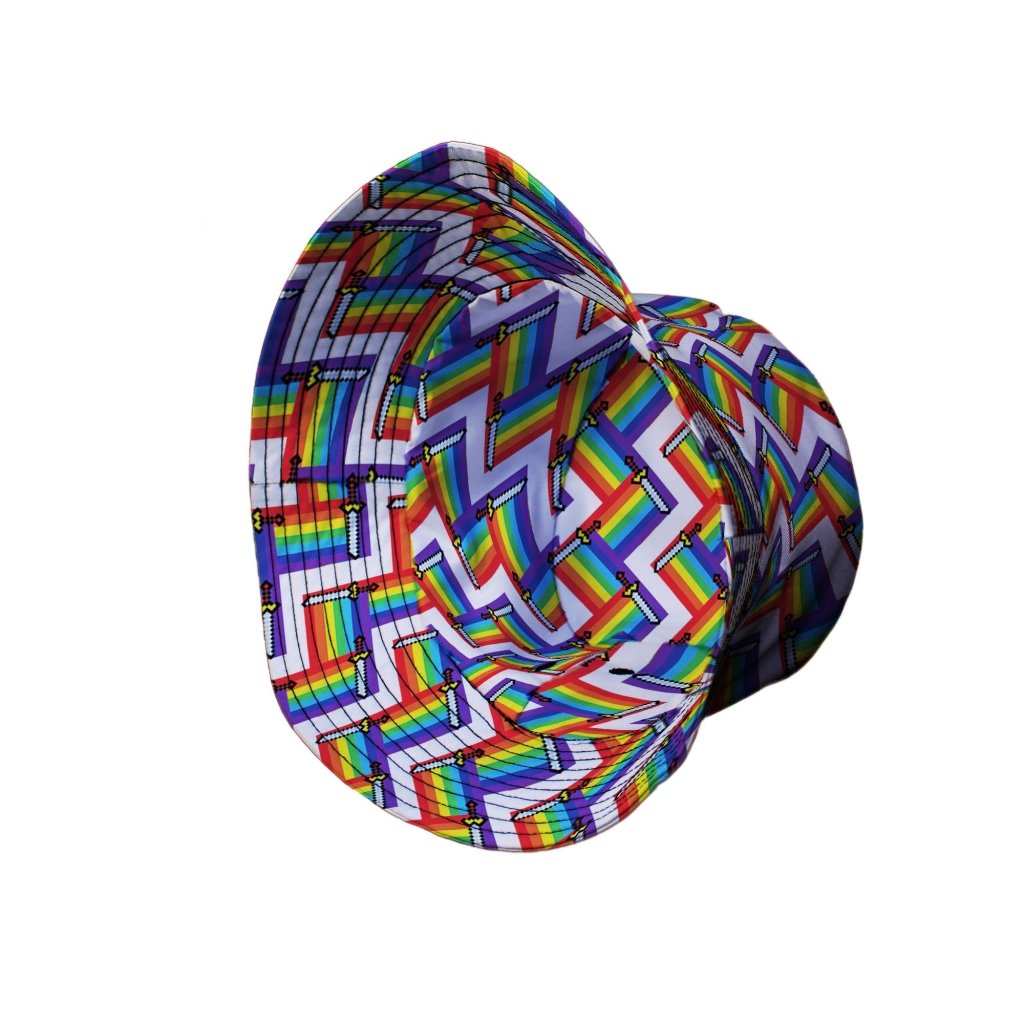 Video Game Swords Rainbow LGBTQ+ Pride Bucket Hat - M - Black Stitching - -