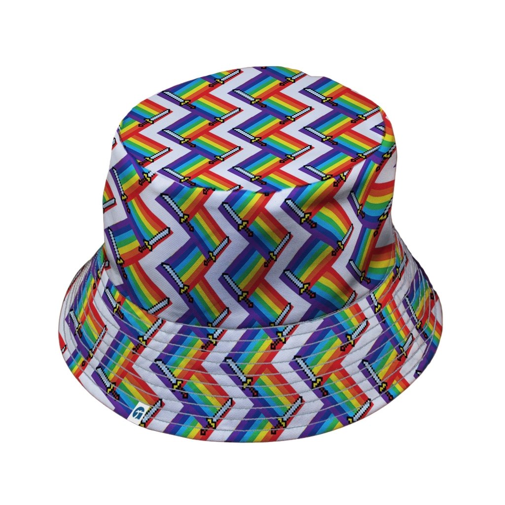 Video Game Swords Rainbow LGBTQ+ Pride Bucket Hat - M - Grey Stitching - -