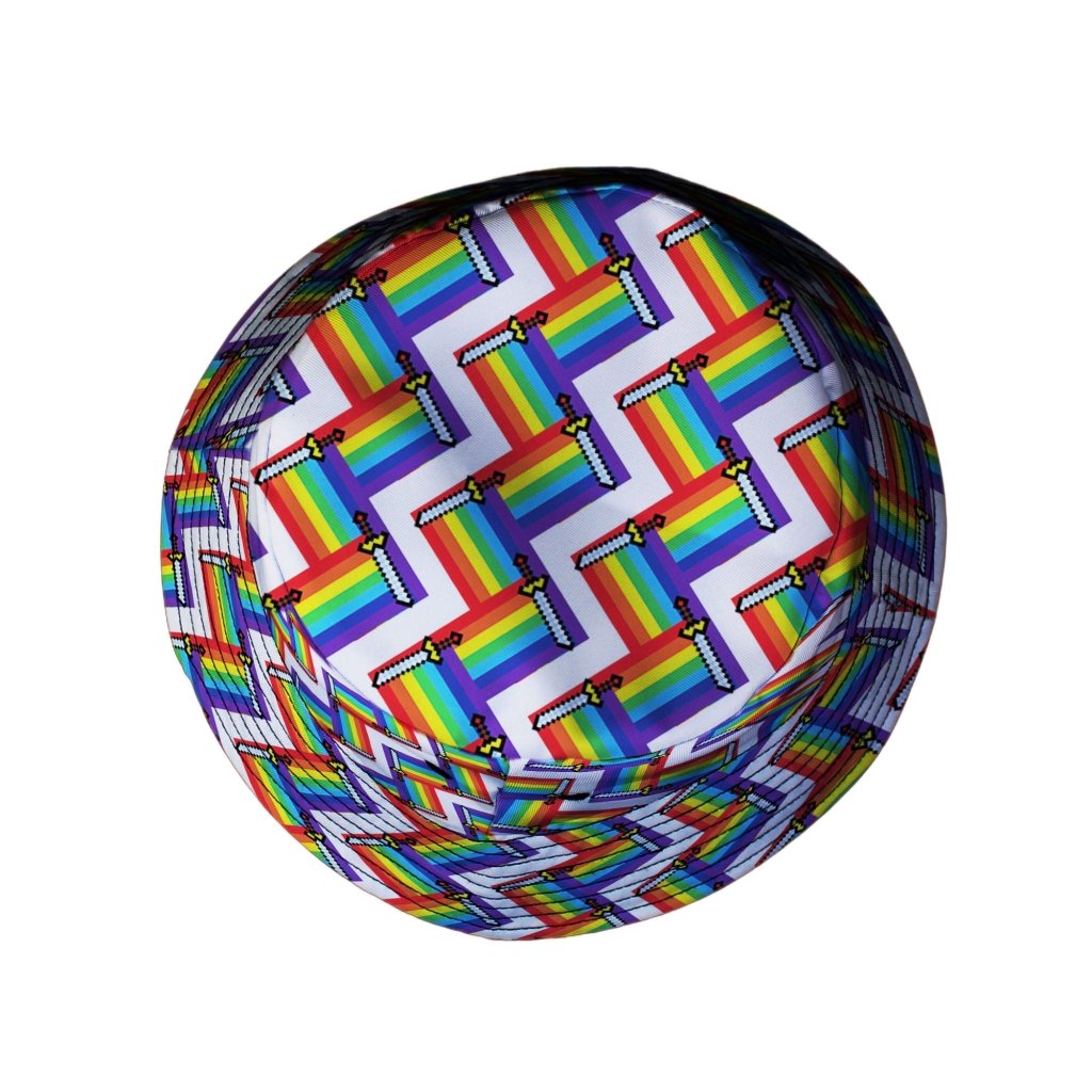 Video Game Swords Rainbow LGBTQ+ Pride Bucket Hat - M - Black Stitching - -