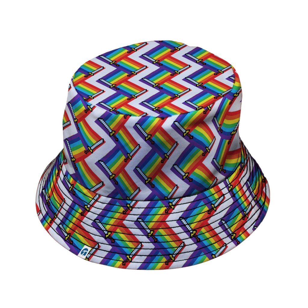 Video Game Swords Rainbow LGBTQ+ Pride Bucket Hat - M - Black Stitching - -